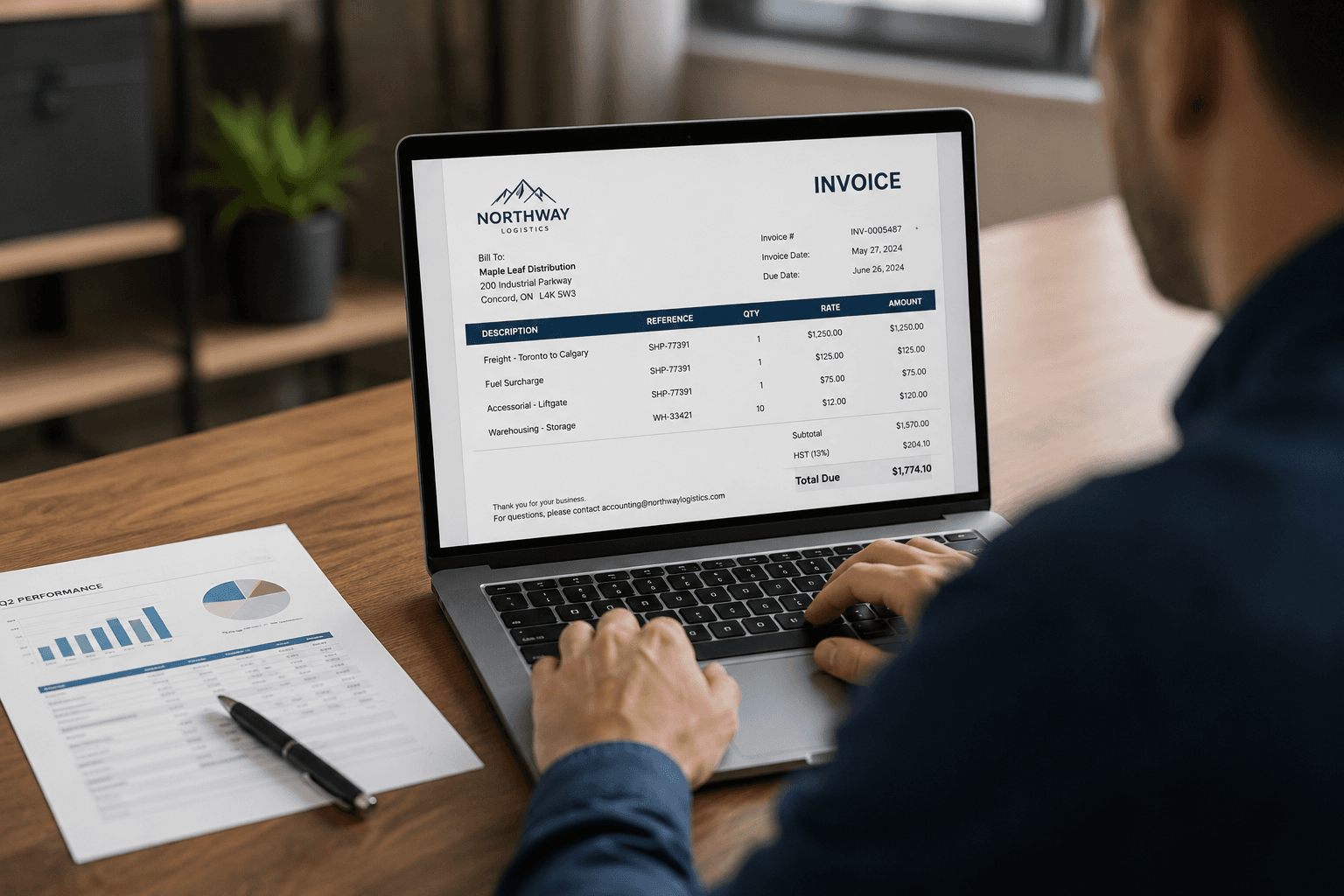 Finance and operations team reviewing event-backed customer invoice