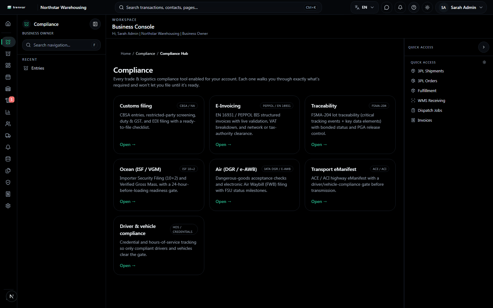 Trenvar compliance hub showing customs EDI filing, PEPPOL e-invoicing, ISF/VGM, e-AWB, and eManifest connections