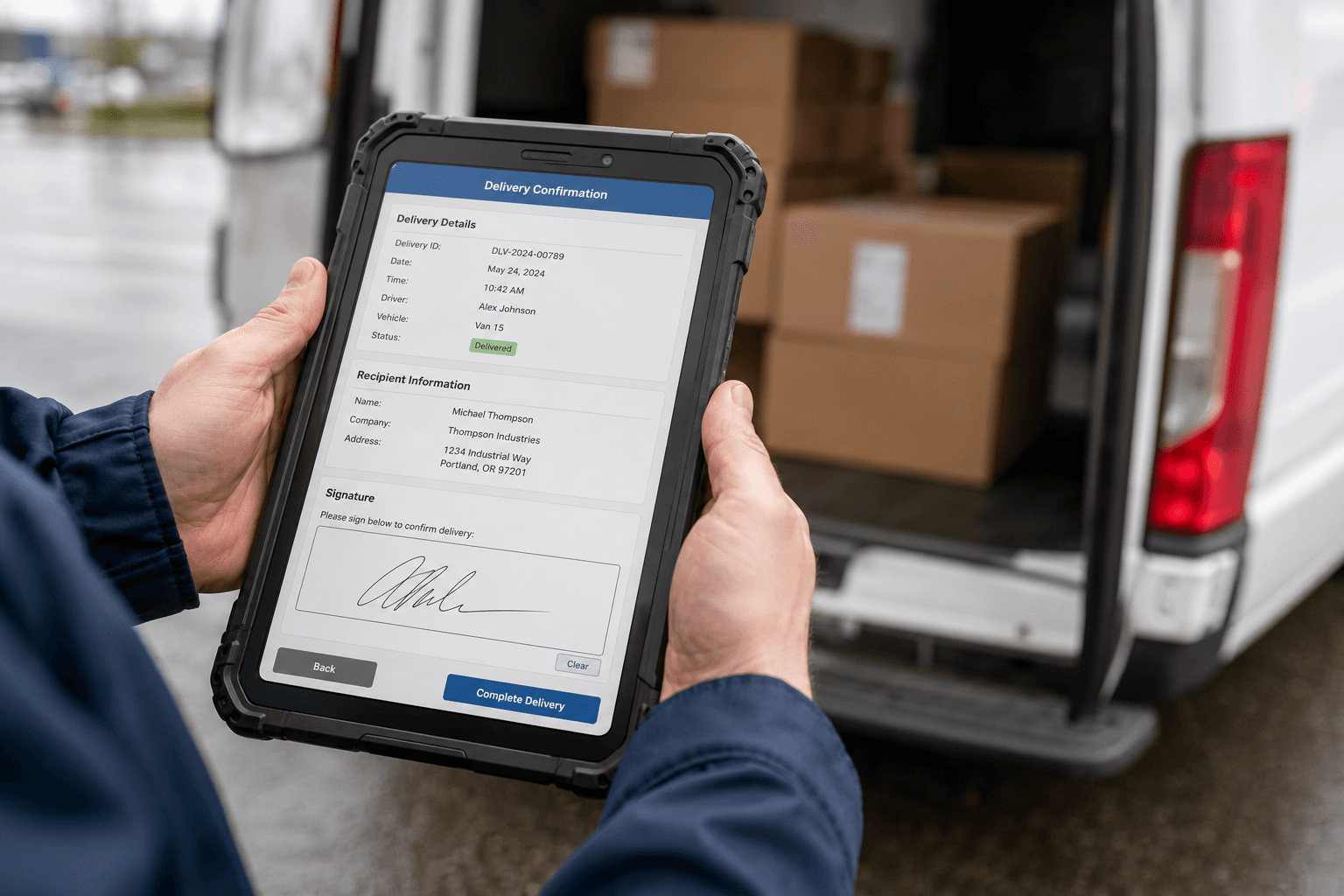 Driver capturing proof of delivery on a Trenvar handheld tablet