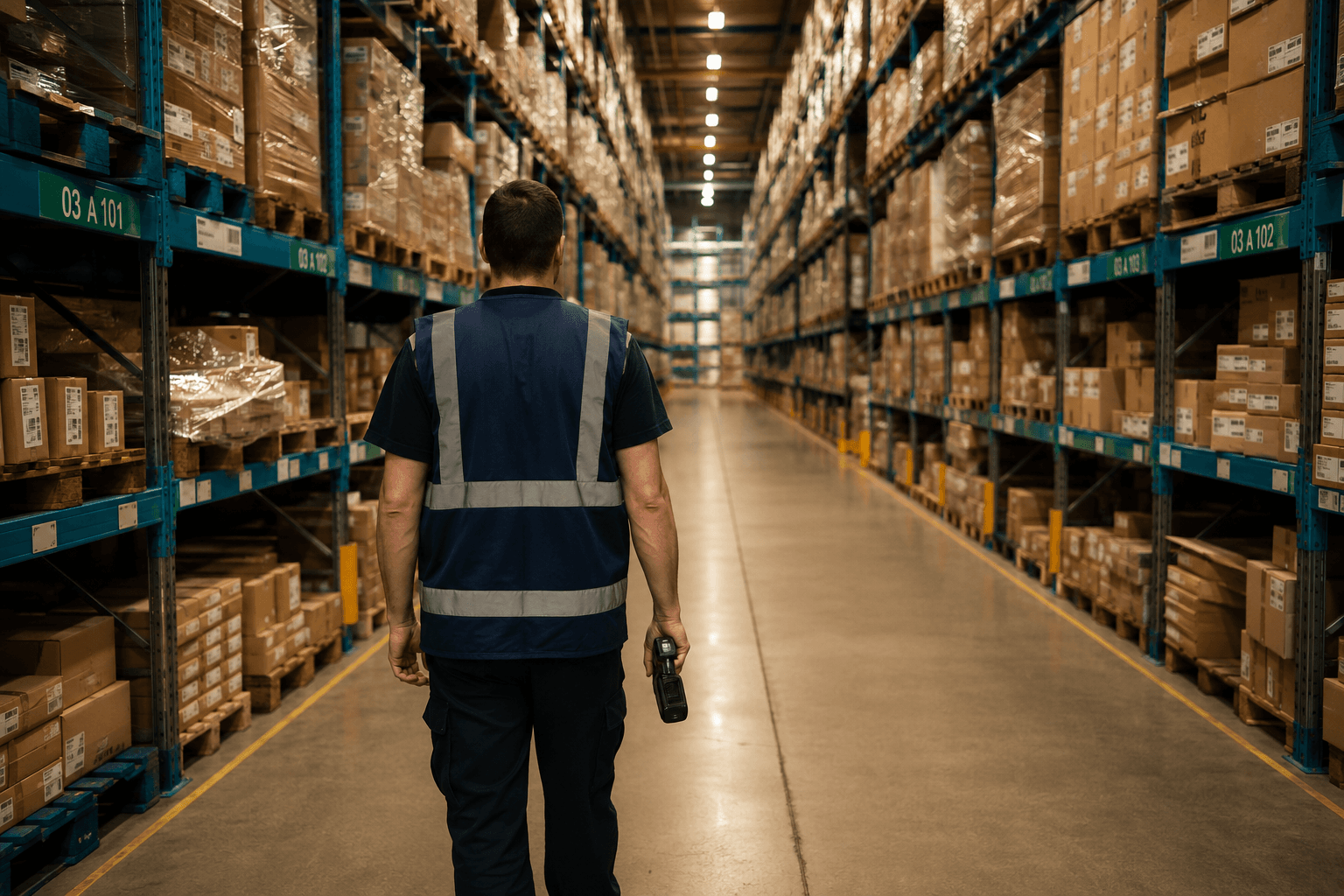Forklift moving palletised stock down a warehouse aisle during putaway