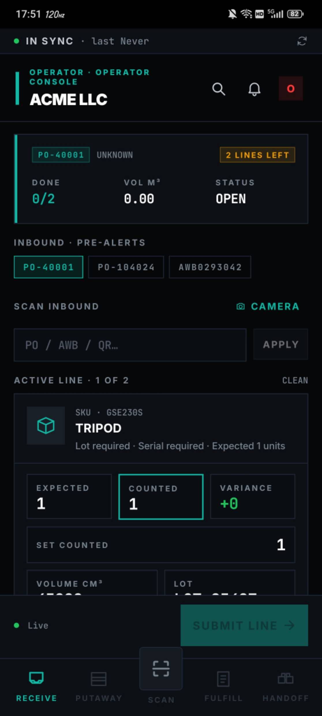 Trenvar Workforce Receiving screen on Android with the active purchase order PO-40001 (status OPEN, 2 lines left, 0 of 2 done, 0.00 cubic metres), an Inbound Pre-Alerts row showing other POs and an AWB, a scan-inbound input that accepts PO / AWB / QR, and an Active Line card for SKU GSE230S TRIPOD showing expected 1 / counted 1 / variance plus 0, a Set Counted field, lot and volume fields, and a SUBMIT LINE button. Bottom tab bar shows RECEIVE selected.