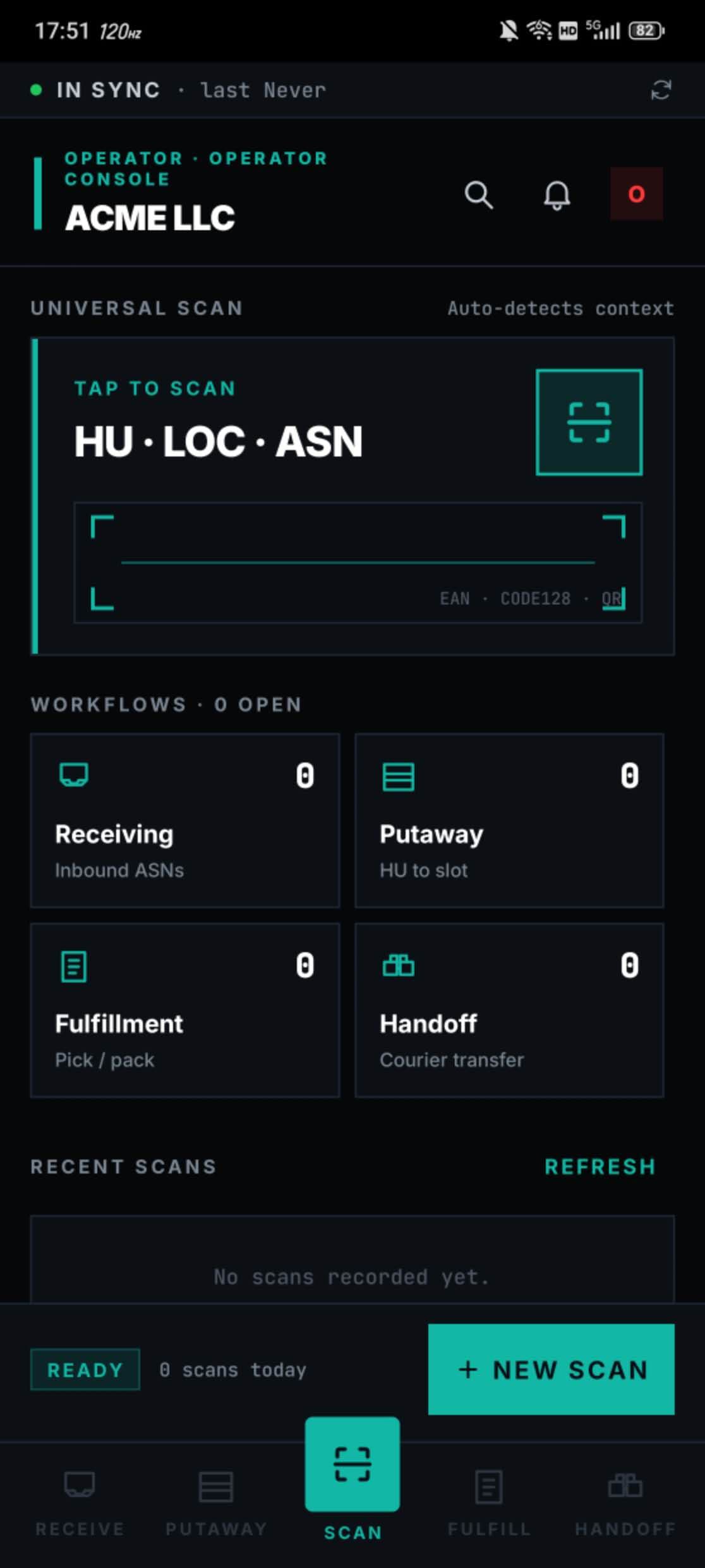 Trenvar Workforce operator console on Android for ACME LLC, showing the IN SYNC status, a Universal Scan card (HU / LOC / ASN, supports EAN, CODE128, QR), a workflow tile grid (Receiving inbound ASNs, Putaway HU to slot, Fulfillment pick and pack, Handoff courier transfer), a Recent Scans list, a New Scan CTA, and a bottom tab bar with RECEIVE, PUTAWAY, SCAN, FULFILL, HANDOFF.