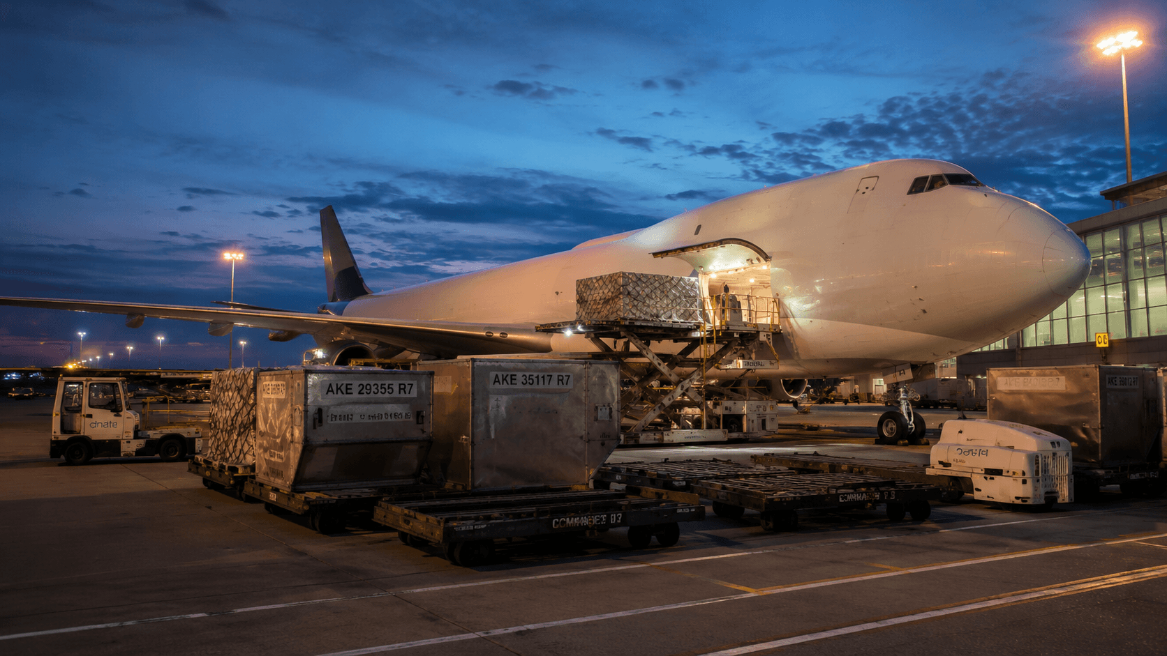 Air cargo terminal at dusk with ground handling crews staging freight