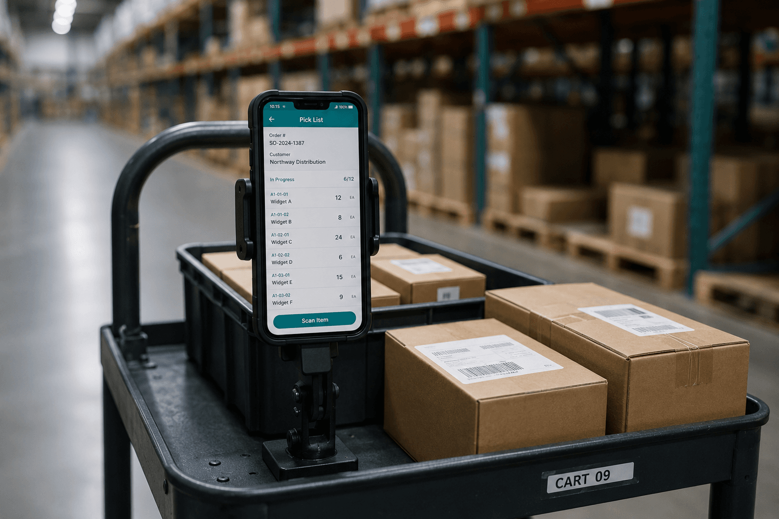 Warehouse operator working a structured scan queue from a mobile cart