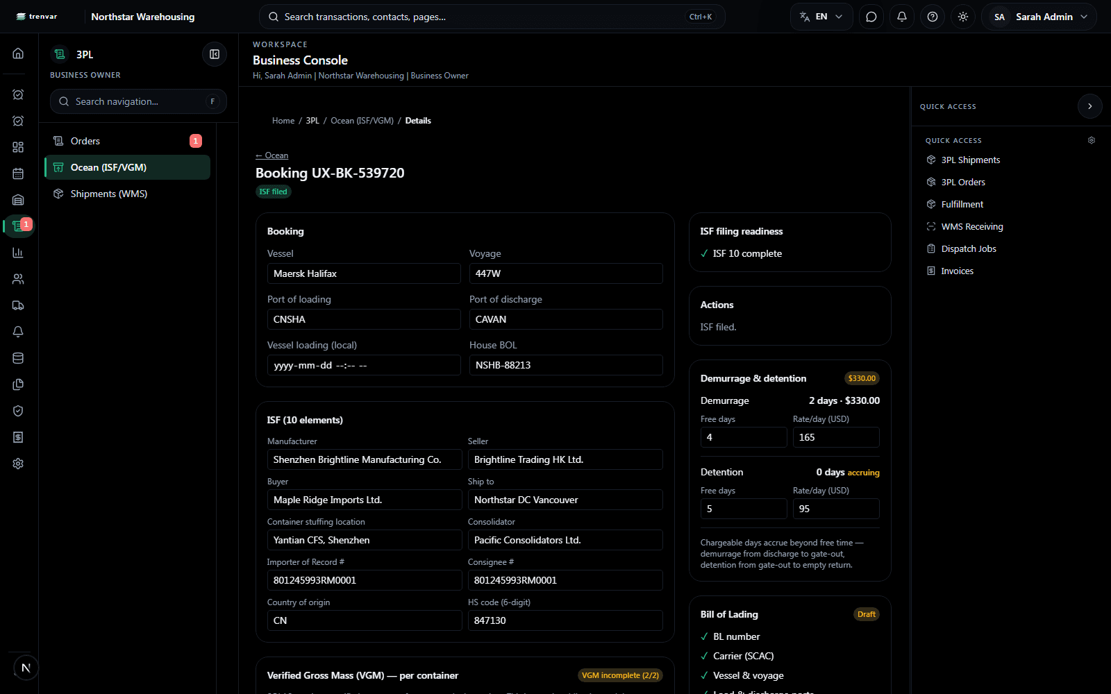 Ocean booking in Trenvar showing ISF 10+2, per-container VGM, and accruing demurrage and detention charges