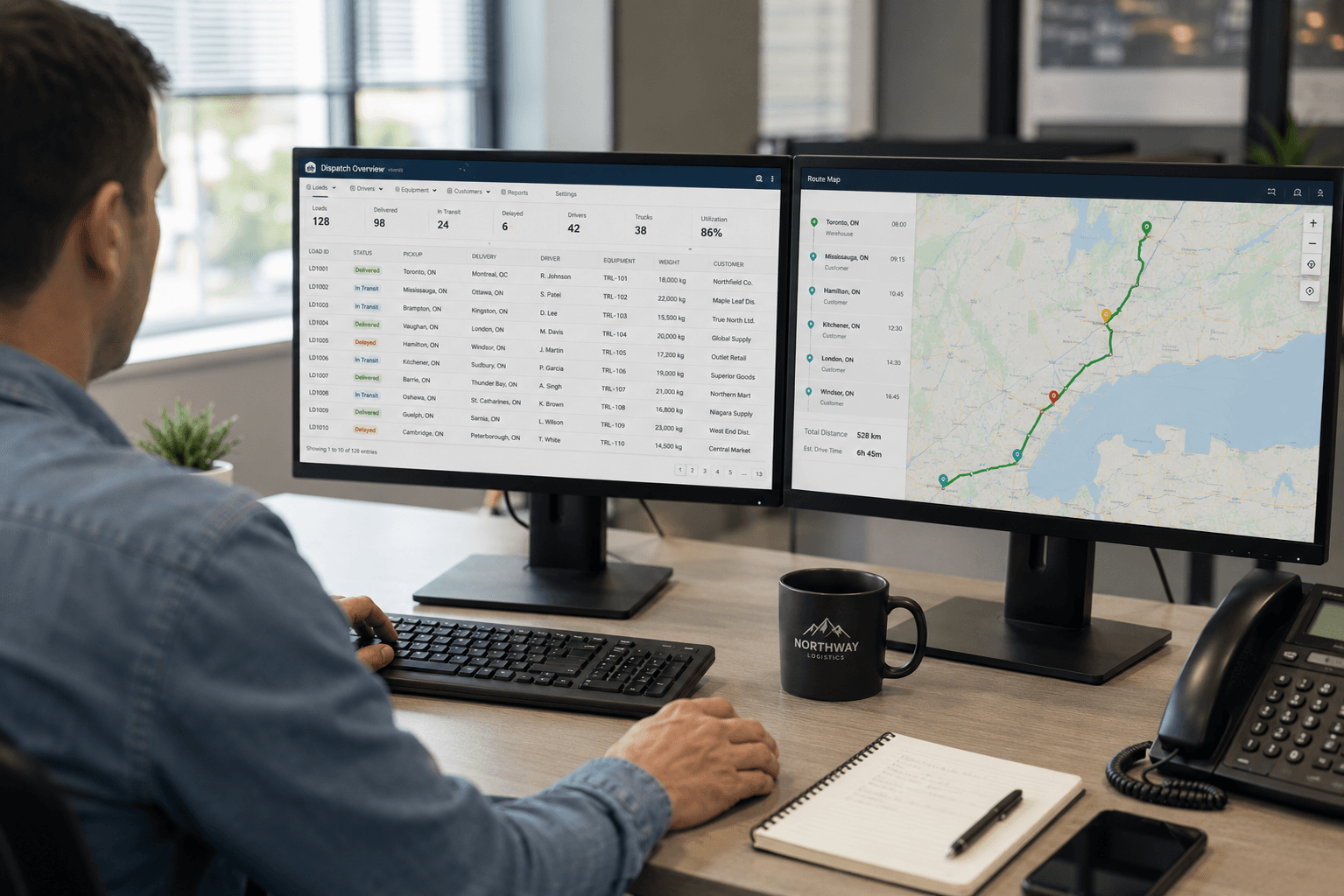 Dispatcher running a live route board across multi-monitor workstation