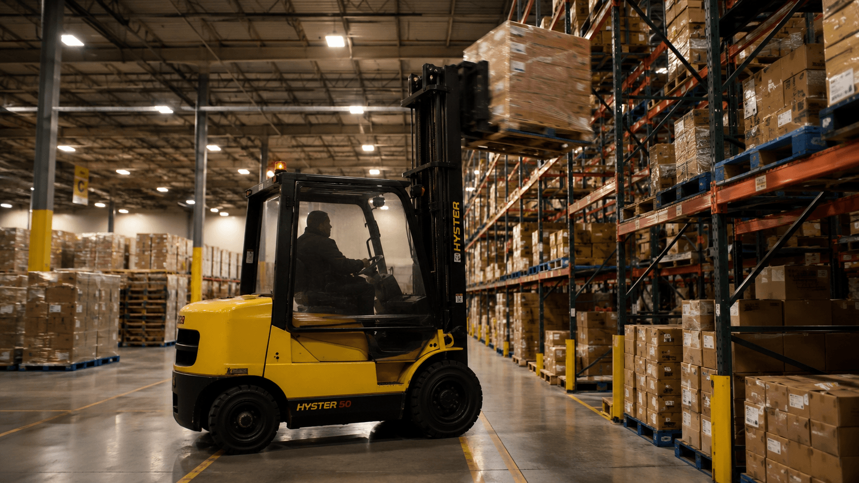 Forklift operator moving freight on an active warehouse floor