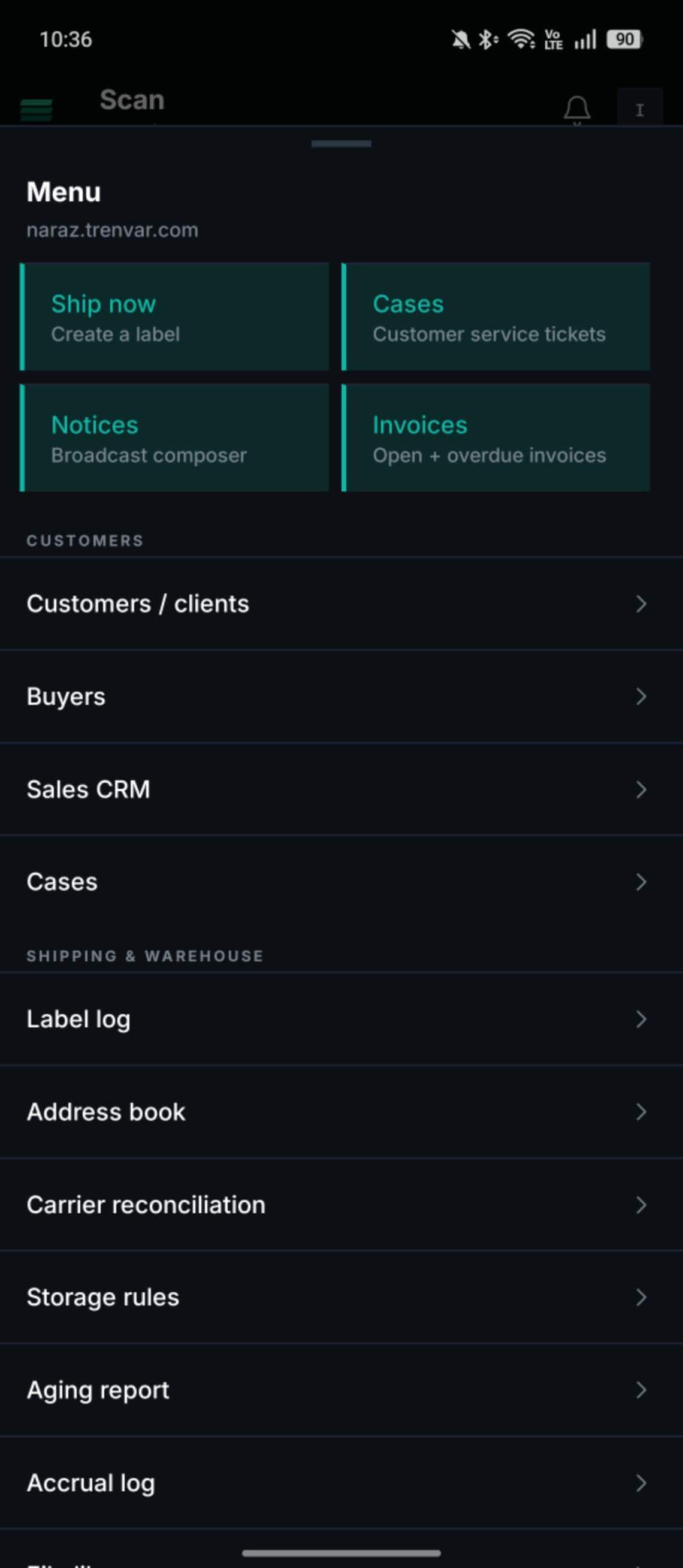 Trenvar Admin Menu drawer on Android with four primary tiles (Ship now create-a-label, Cases customer service tickets, Notices broadcast composer, Invoices open and overdue), then a Customers section (Customers / clients, Buyers, Sales CRM, Cases) and a Shipping & Warehouse section (Label log, Address book, Carrier reconciliation, Storage rules, Aging report, Accrual log).
