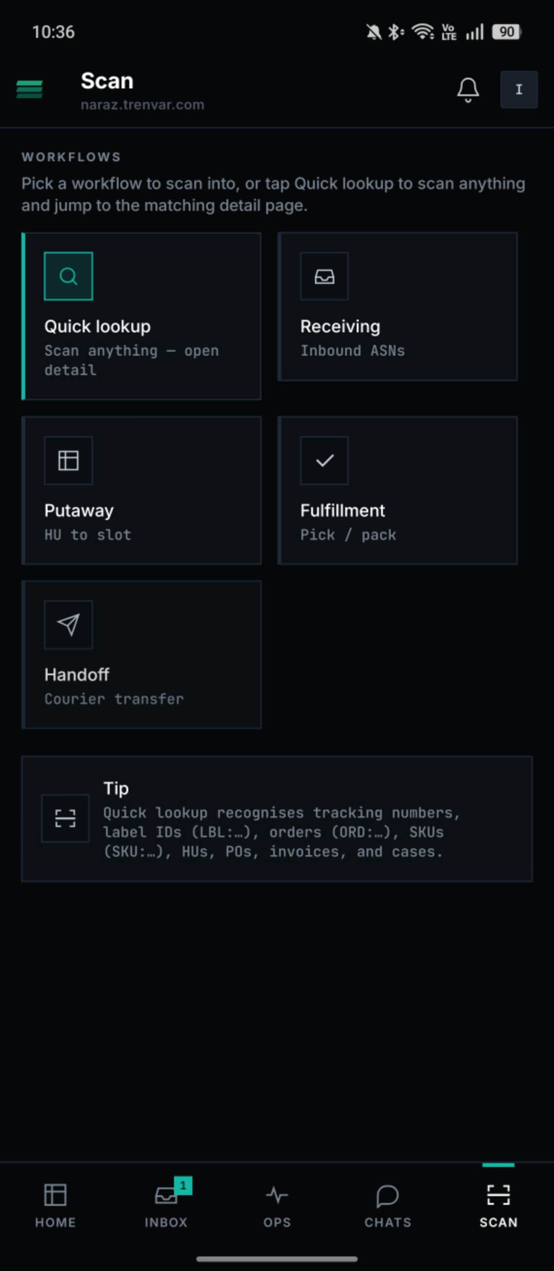 Trenvar Admin Scan tab on Android with a tile grid of scan workflows: Quick lookup (scan anything to open detail), Receiving (inbound ASNs), Putaway (handling unit to slot), Fulfillment (pick and pack), and Handoff (courier transfer). A tip below explains Quick lookup recognises tracking numbers, label IDs, orders, SKUs, handling units, POs, invoices, and cases.